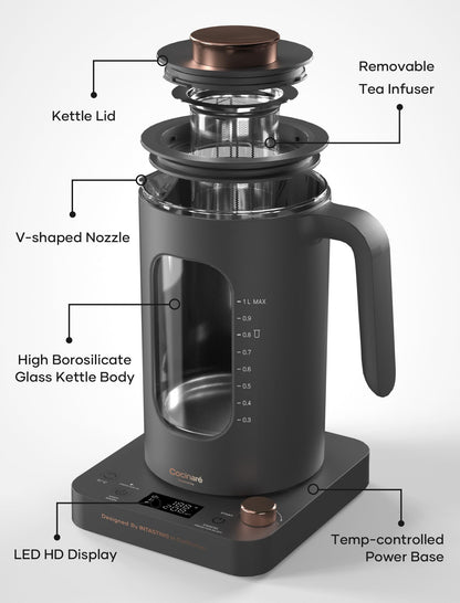 Electric Tea Kettle, INTASTING Glass Electric Kettle with tea Infuser and Precise knob temperature control, 1200W Fast Heating, BPA-Free, Easy to Clean, 1 Liter (Dark Gray)