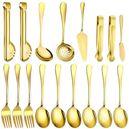 17 Pcs Gold Serving Utensils Set Include Stainless Steel Large Serving Spoons Slotted Spoons Forks Soup Ladle Pie Server - Metal Utensils for Parties Buffet Catering, Dishwasher Safe