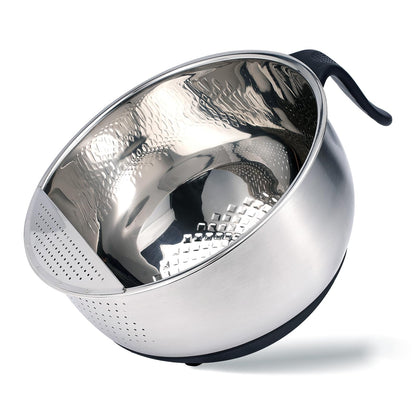 Rice Washer Strainer Bowl Quinoa Washing Bowl whit Handle Stainless Steel Colander Versatile Side Drainers for Cleaning Rinsing Fruits, Vegetables, and Beans - Tilting Non-slip Silicone Bottom