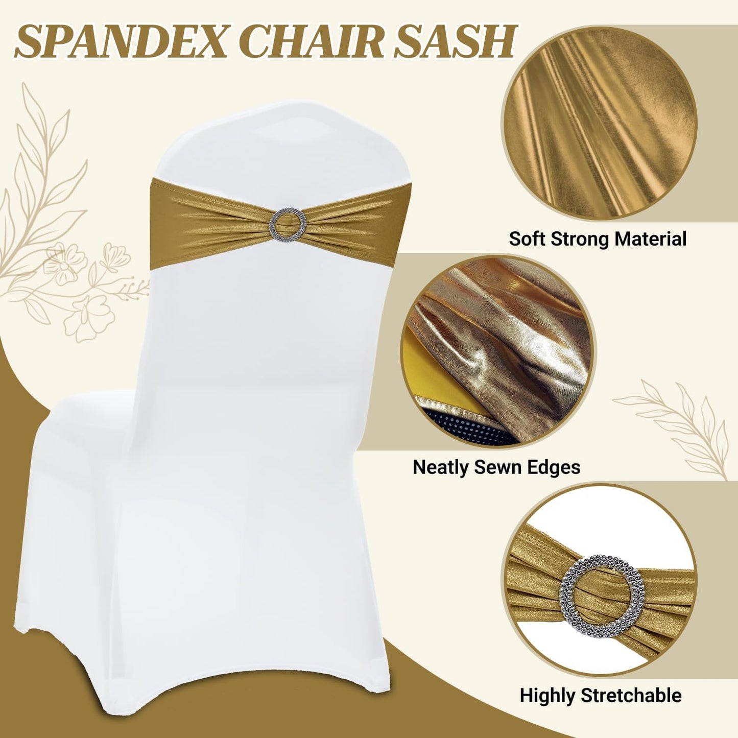 MDS Spandex Foil Chair Sashes - Universal Fit Elastic Stretch Bands with Buckle | Metallic Gold, Pack of 100