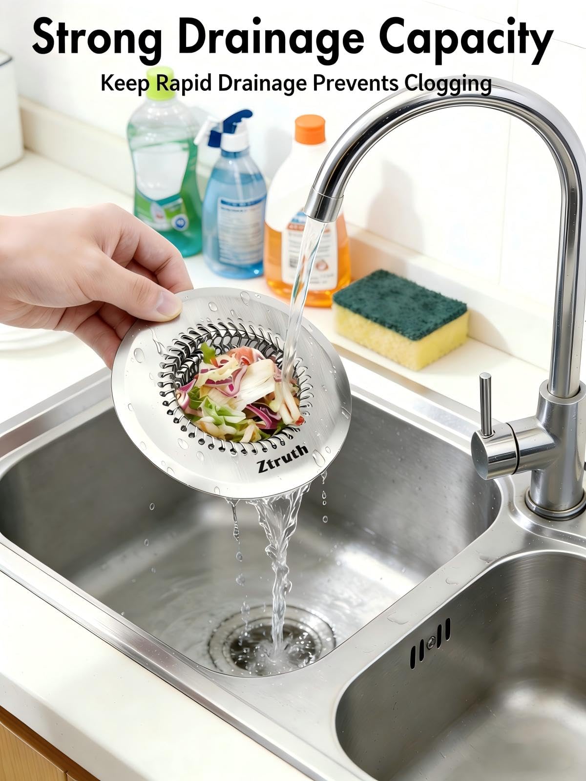 Ztruth Kitchen Sink Drain Strainer Patented Reversible Sink Strainer, Anti-Clogging Sink Strainer Basket, 304 Stainless Steel, Handmade Kitchen Gadgets, Dishwasher Safe