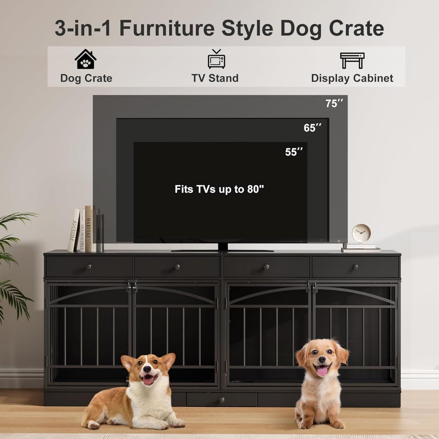 GAOMON Dog Crate Furniture for 2 Dogs, 78.7'' Large Dog Kennel Indoor with 4 Storage Drawers and Feeding Bowls, Double Dog Crate TV Stand for Small and Medium Dogs, Black