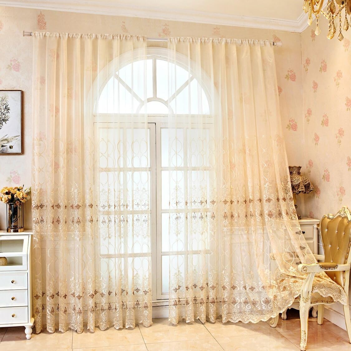 WINYY European Style Sheer Curtain, 1 Panel Voile Rod Pocket Top Window Drape for Bedroom Living Room, 52"x84"