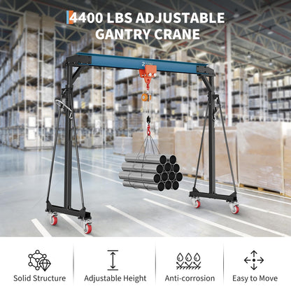 4400 LBS Gantry Crane with Manual Trolley, 2 Ton Gantry Crane with 8-12 FT Adjustable Height, Shop Crane Lift Hoist with Hooks & Shackles for Warehouse, Factory