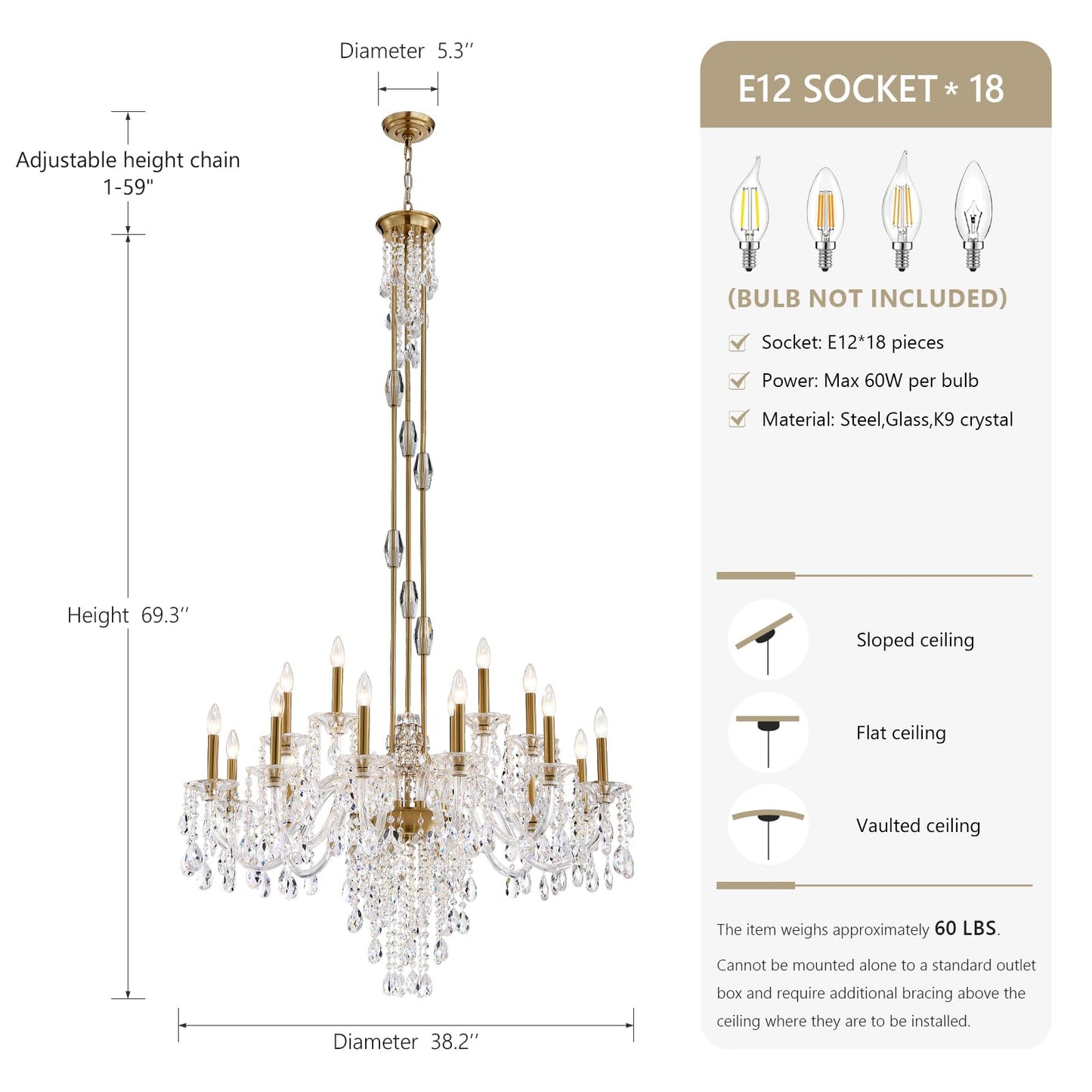 Duluyiee 18-Light Crystal Candle Chandelier, Brass Gold Chandelier for Foyer, Staircase & High Ceiling Living Room, Adjustable Height, E12 Base