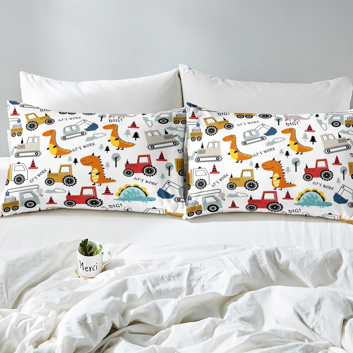 Set Set Set Set Set Feelyou Construction Comforter Kids Cartoon Dinosaur Comforter Cover for Boys Equipment Trucks