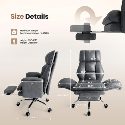 Big and Tall Office Chair, Flip Armrests for Pets & Cross Legged Sitting, Executive Ergonomic Computer Gaming Chair with Foot Rest, Crystal Velvet Wide Seat Reclining Desk Chair