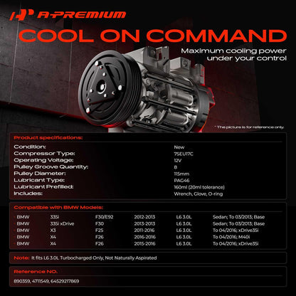 A-Premium A/C Compressor with Clutch Compatible with BMW 335i 3.0L 2012-2013, 335i 3.0L xDrive 2013, X3 3.0L 2011-2016, X4 3.0L 2015-2016