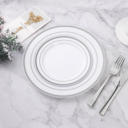 BESTVIP 100PCS Silver Plastic Plates, 10.25 Inch Disposable Dinner Plate Party with Silver Rim for Christmas, Thanksgiving, Heavy Duty Disposable Plastic Plates for Party, Wedding and Birthday, Events