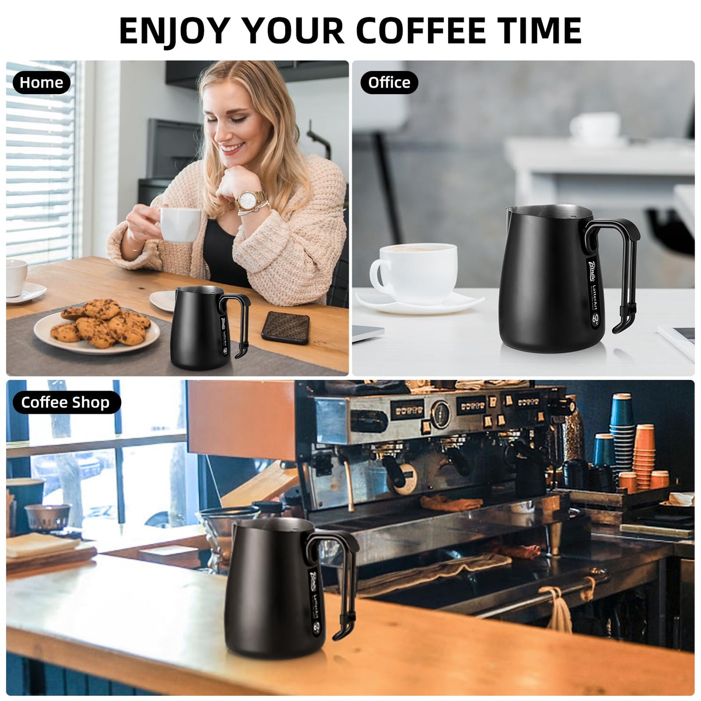 Bincoo Milk Frothing Pitcher,Espresso Milk Frothing Pitcher Stainless Steel 20oz/600ML Coffee Milk Frother Cup with Measurement Lines,Ergonomic Handle for Latte Art & Cappuccino