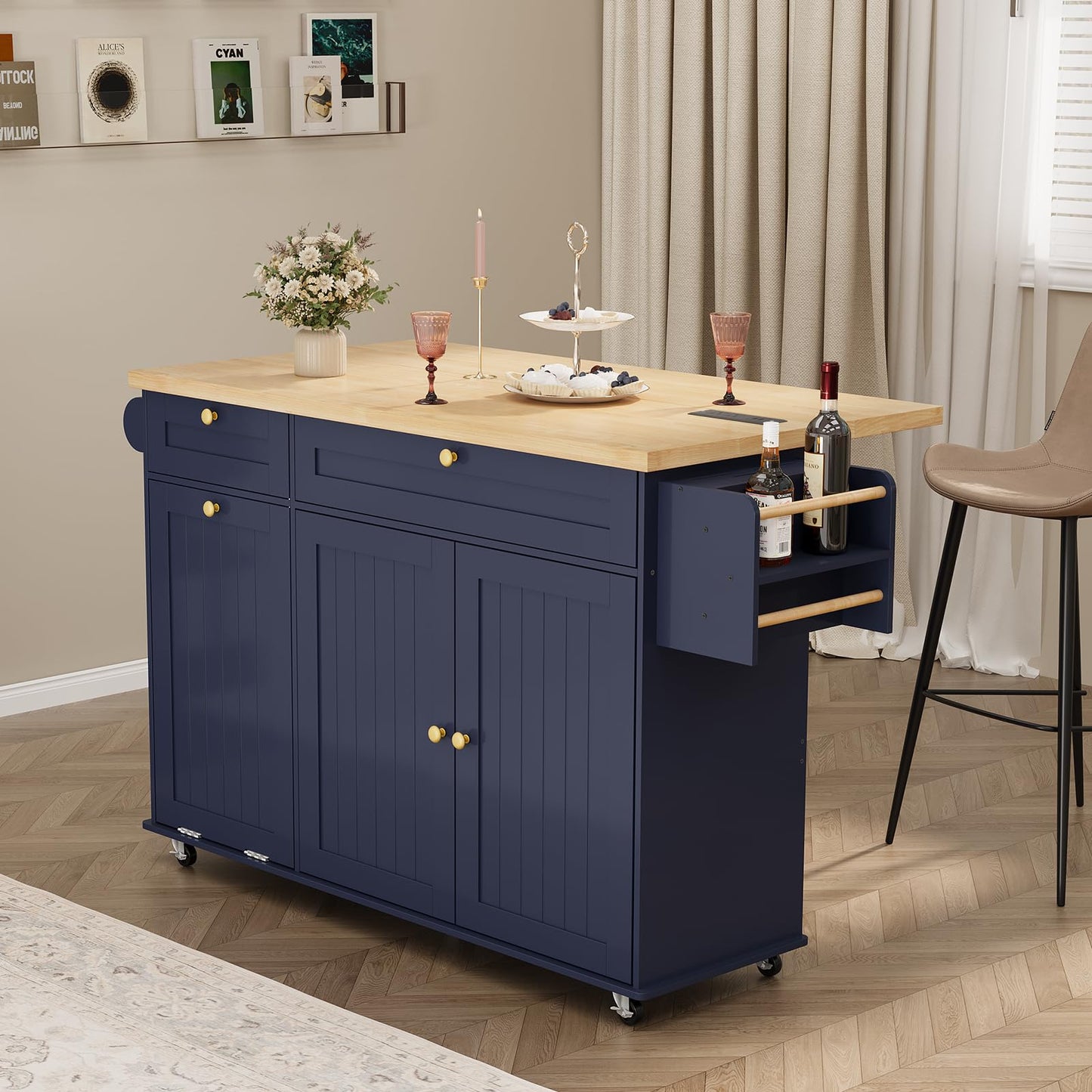 ComfyCorner 60" Rolling Large Kitchen Island on Wheels with Extendable Table, Drop Leaf & Power Outlet, Mobile Kitchen Cart with Storage Cabinet, 2 Drawers, Spice Rack, Towel & Knife Holder, Blue
