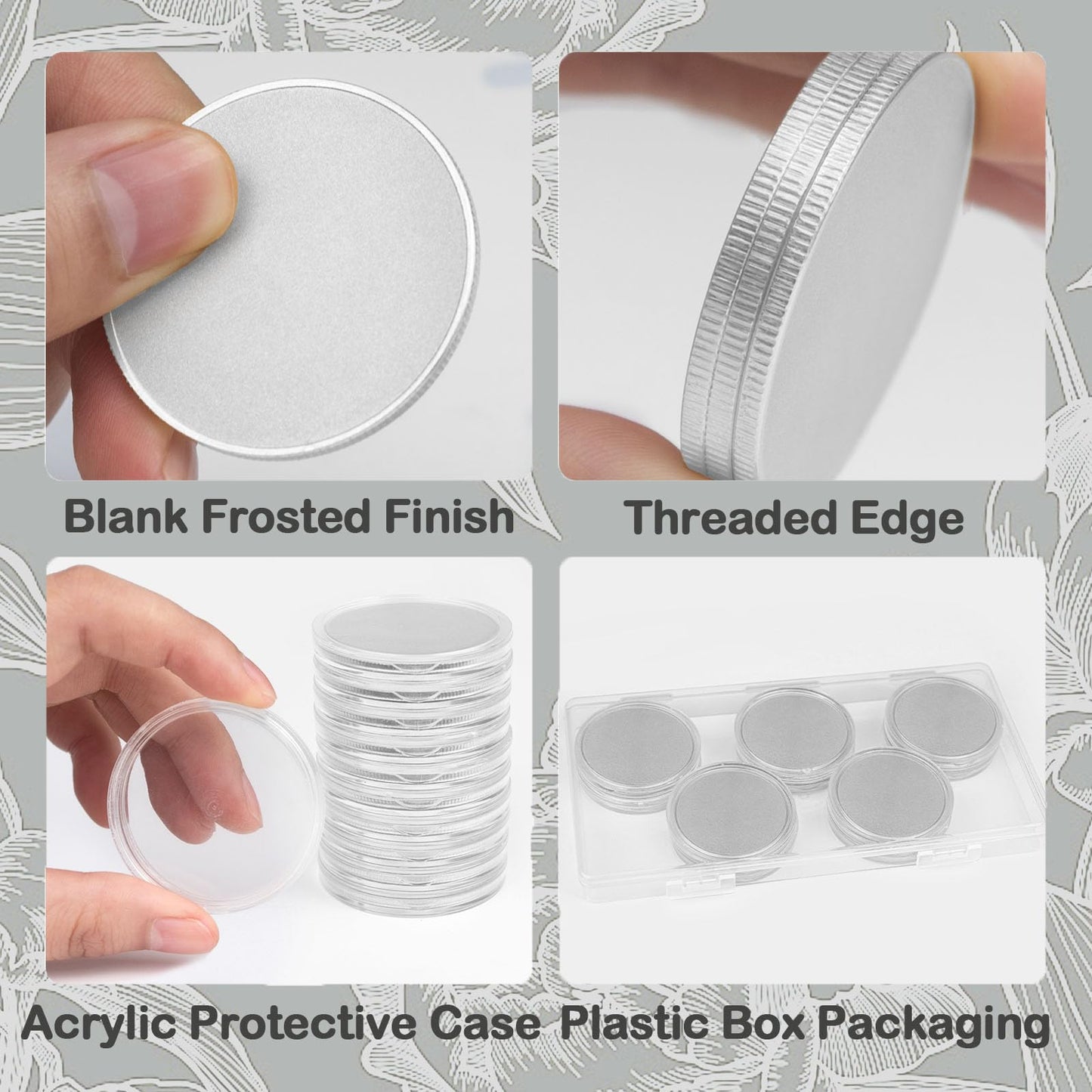 10 Pcs Blank Challenge Coin, Engraving Blanks Coins, Solid Brass, Zinc Alloy Silver Plated 40mm Diameter with Acrylic Protection Box Pattern for DIY Crafts Engraving