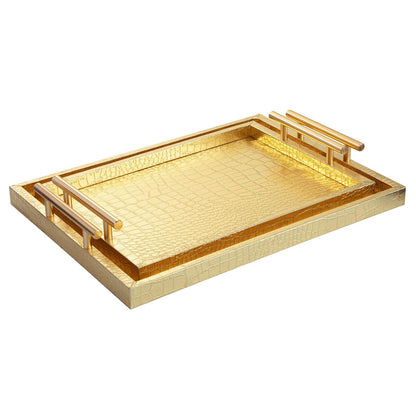 JUMBO HUMBLE Modern Elegant Large Wood Serving Tray, Set of 2 Gold Crocodile Leather with Gold Polished Metal Handles, Home Decorative Rectangle Ottoman Decor Platter Living Room Bathroom Vanity Tray