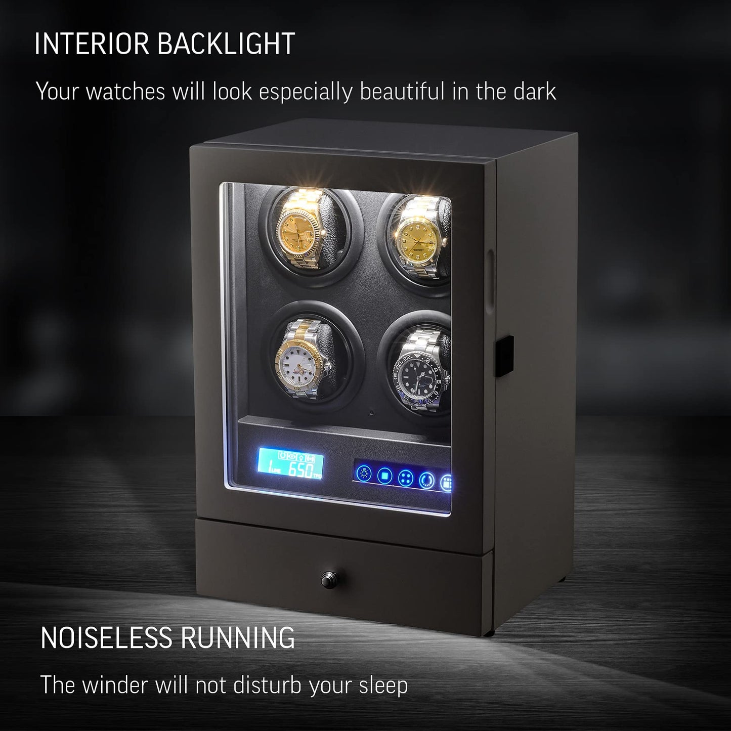 Automatic Watch Winder with LED Light, Storage Drawer and LCD Touchscreen Control (White)