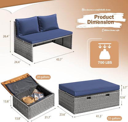 Devoko Patio Day Bed Outdoor Daybed Set Multifunctional Rattan Lounge Bed with 2 Side Tables for Backyard Porch Poolside Lawn Beach (Navy Blue)