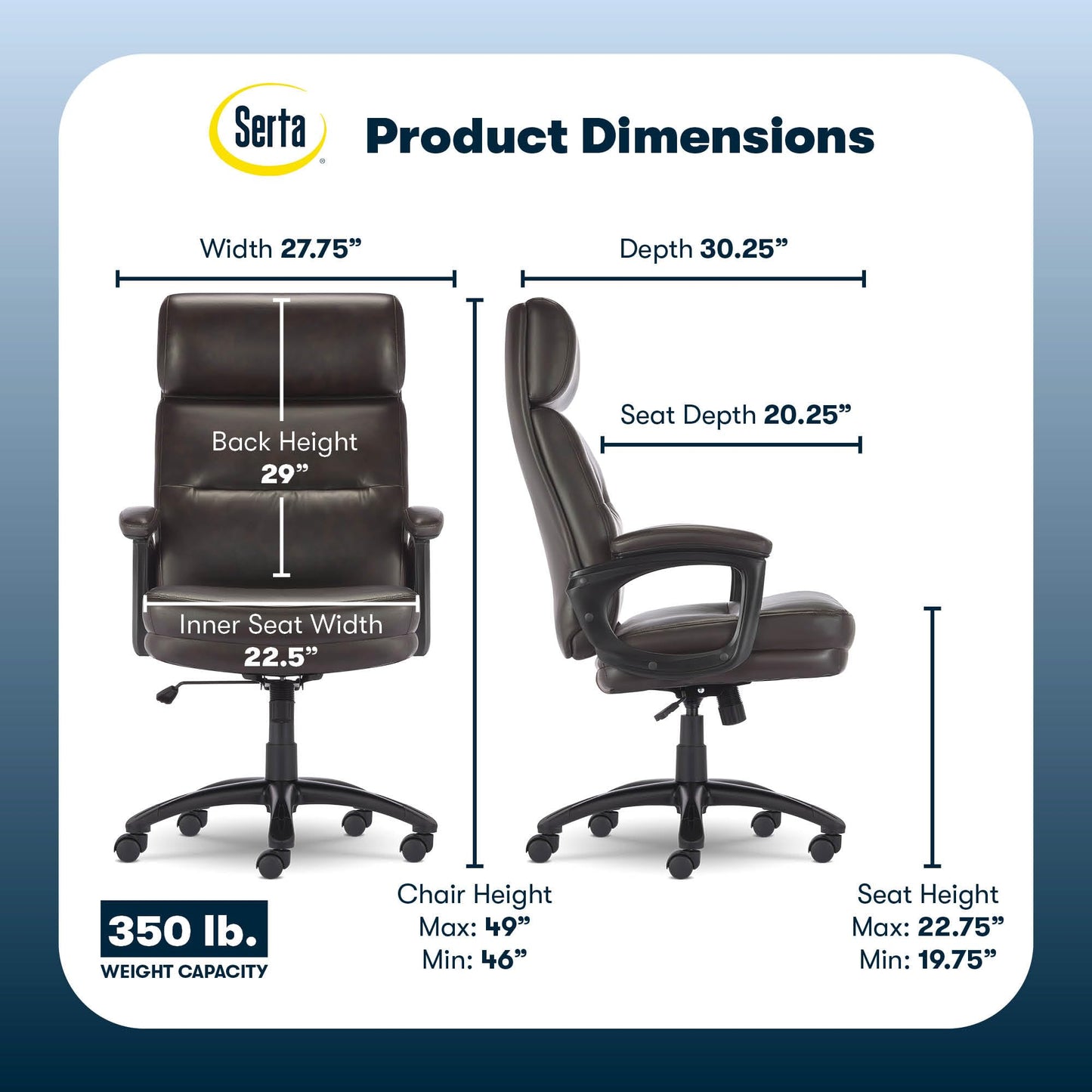 Serta Comfort Executive Big & Tall Office Chair, Ergonomic High-Back Computer DeskChair, Semi Plush Cushion Seat, Soft Padded Armrests, SertaQuality Foam, Metal Swivel Base, Bonded Leather, Black