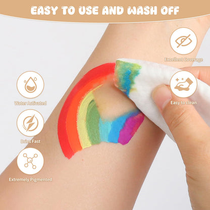 Pintada 54 Color Face Painting Kit for Kids - Non Toxic Water Activated Face Paint Palette with Stencils, Brushes, Gems & Book. For Halloween, Carnival, Party; Costume Makeup for Creative Activities