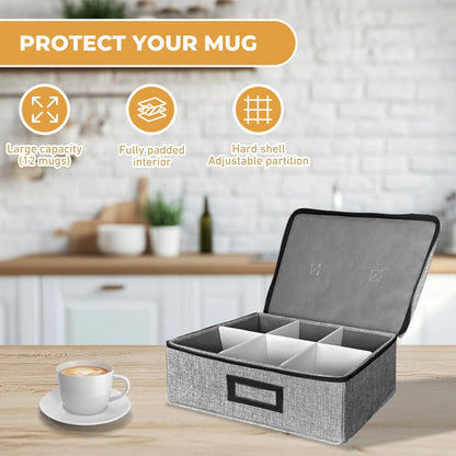 HURZMORO Cup and Mug Storage Box with Dividers – Stackable Hard Shell Organizer with Zipper Lid and Handles, Holds 6 Coffee Mugs or Tea Cups, Ideal for Moving and Packing(Grey)