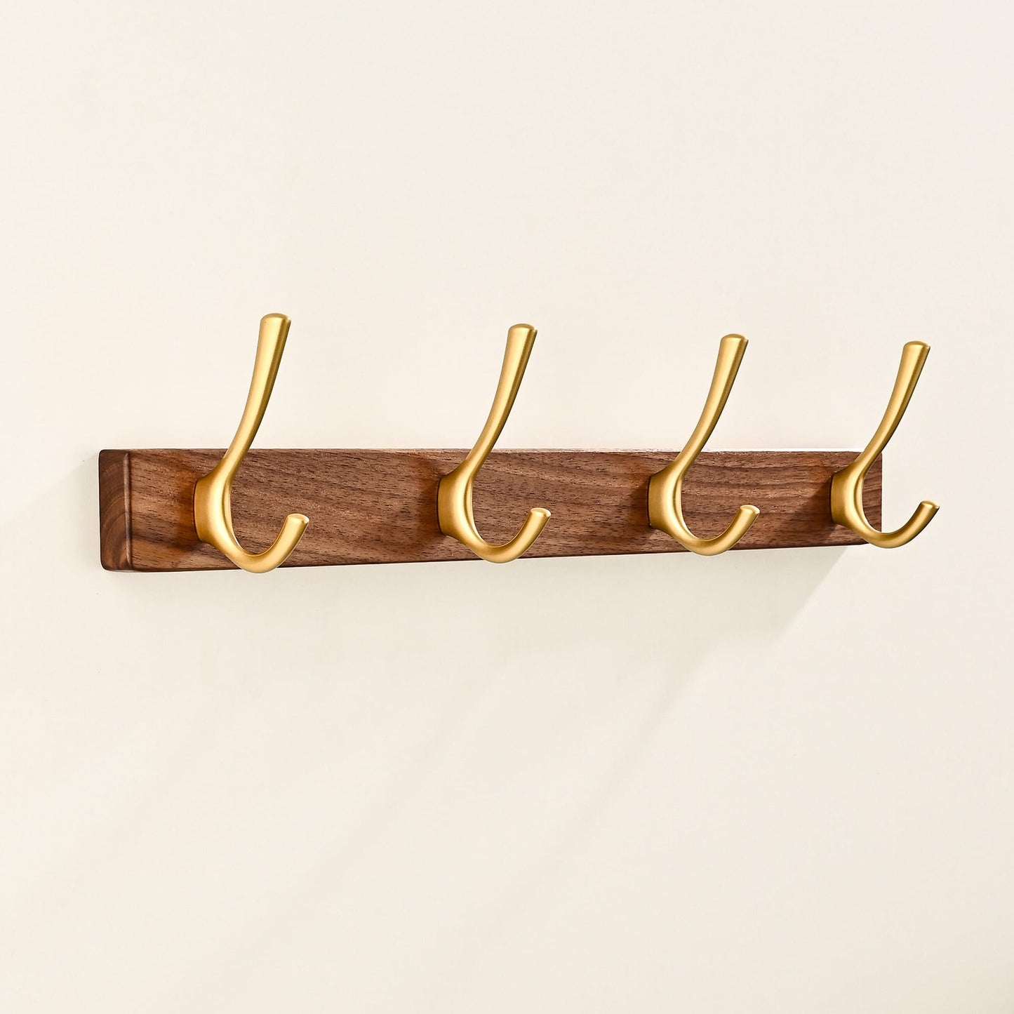 LECHYN 17.3" Small Walnut Wood Coat Rack Wall Mount with 4 Hooks, Heavy Duty Wooden Jacket Hanger Door Mounted for Decorative Entryway Bathroom Hanging Towel Backpack Purse Clothes Hat Key Gold