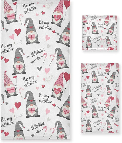 Set 3 Sets Pfrewn Cute Gnomes Hearts Pink Towels of Romantic Romantic Love Spring White Bathroom Towel Soft Absorbent