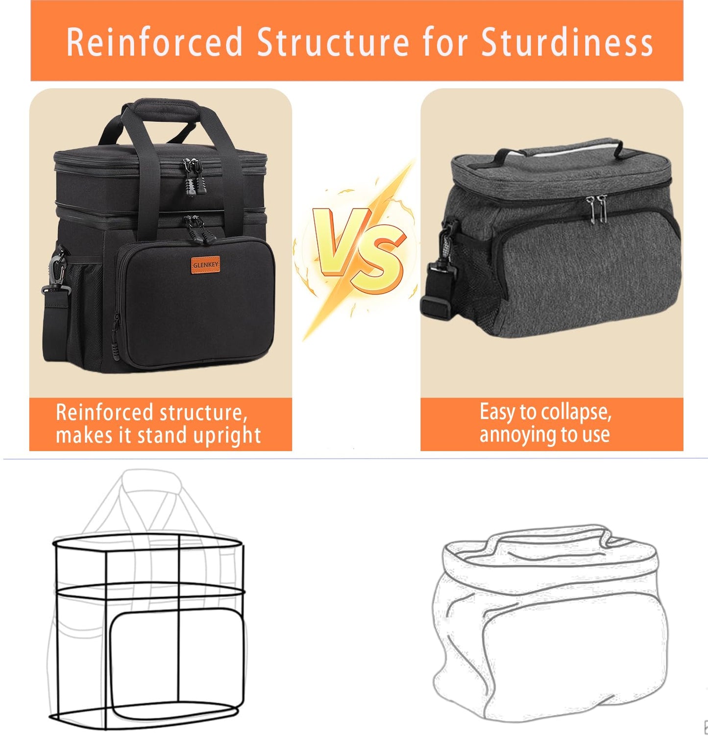 Expandable Insulated Large Lunch Box, Double Deck Heavy Duty Durable Lunch Bag Leakproof Cooler Bags for Men Women Adults Work Shift Flight Beach Daytrip, 20 Can, Black, GLENKEY