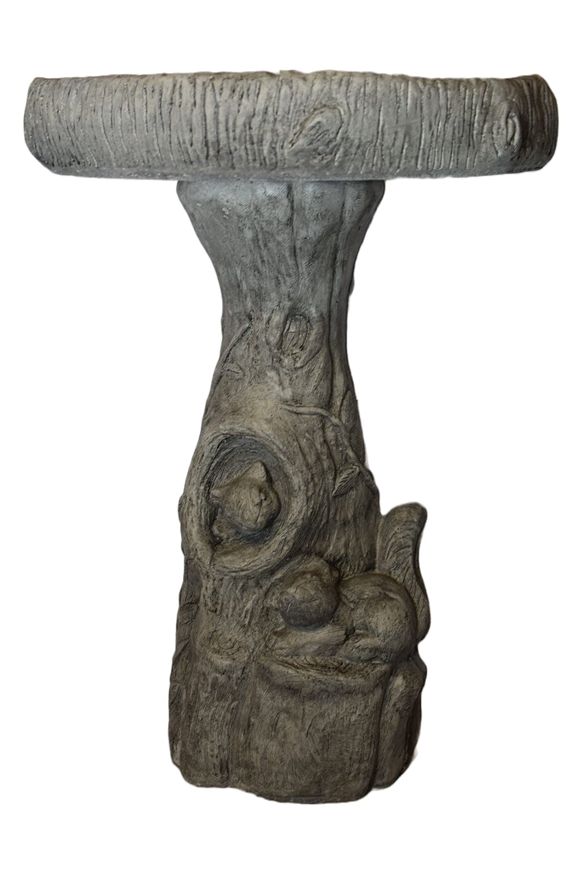 Solid Rock Stoneworks Tiny Fancy Squirrel/Wood Birdbath- Pre Aged- 24" Tall x 17" Dia