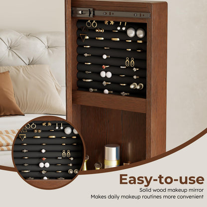 Mansfieler 69" H×20" W Solid Wood Mirror Jewelry Cabinet,360°Swivel Jewelry Organizer,Jewelry Armoire Cabinet Standing,Full Length Mirror with Storage&Coat Rack,Walnut