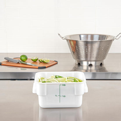 Restaurantware Met Lux 2 qt Square White Plastic Food Storage Container with Green Volume Markers, 10 Count Box