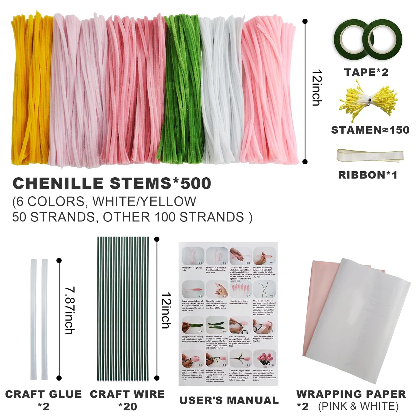 500PCS Pipe Cleaner Flower Kit,Bulk Pipe Cleaners Craft,Chenille Stems with Wrapping Paper for Mother's Day Graduation Birthday Wedding