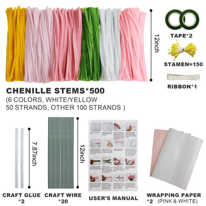 500PCS Pipe Cleaner Flower Kit,Bulk Pipe Cleaners Craft,Chenille Stems with Wrapping Paper for Mother's Day Graduation Birthday Wedding