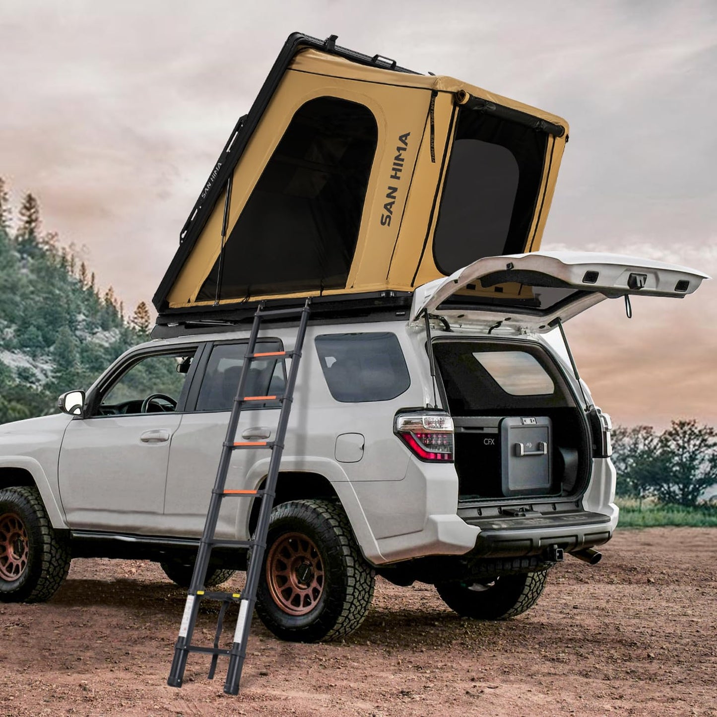 Sanhima Rooftop Tent Hard Shell - Hotham Overland Aluminium Roof Top Tent w/Larger Space, LED Strip Light & Skyview Window, 2” Thick Mattress, for Car SUV Truck Camping, 2-3 People, Khaki