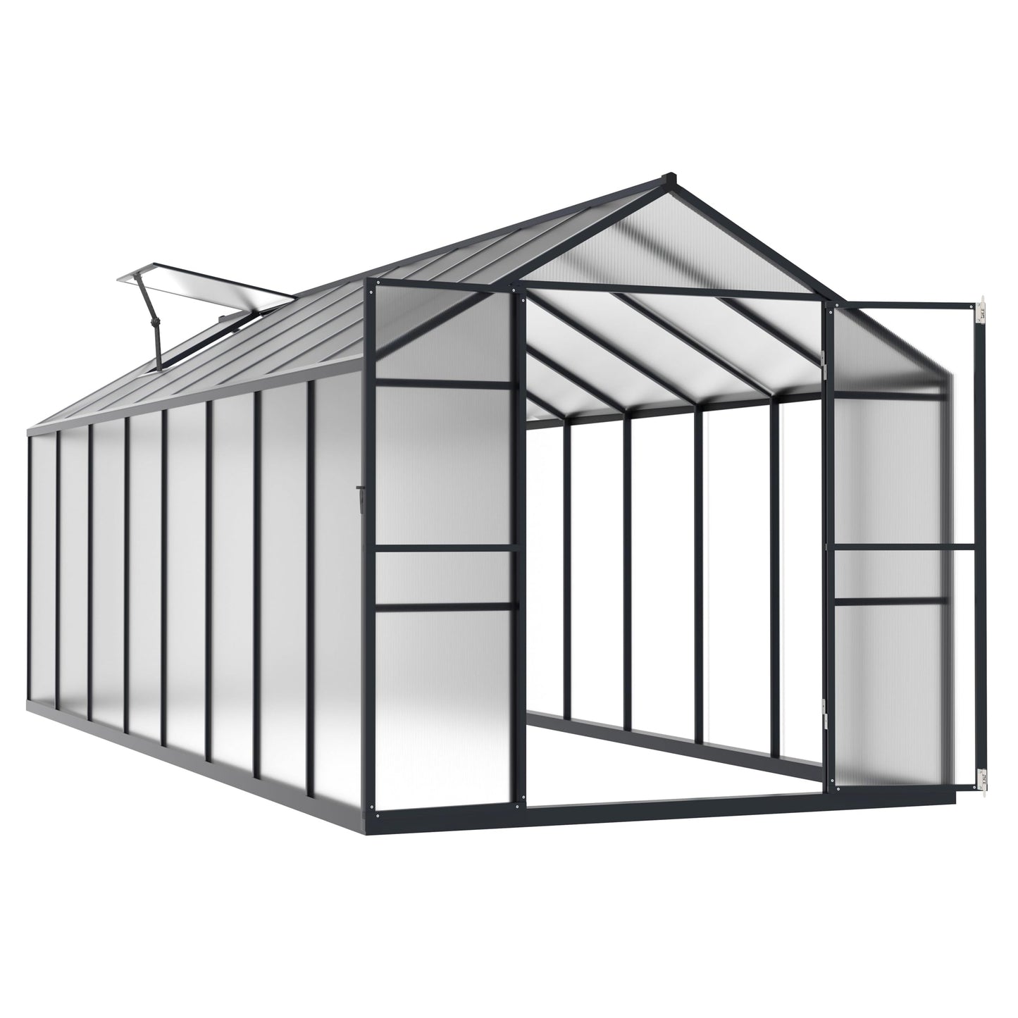 Yardenaler 8x16 FT Polycarbonate Aluminum Greenhouse Kit, Outdoor Walk-in Greenhouse, PC Green House with Adjustable Roof Vents and Lockable Door, Backyard Garden in Winter, Gray