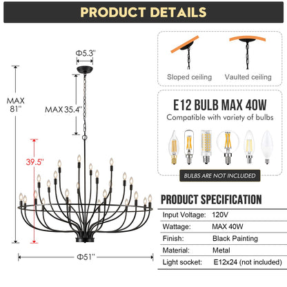 FookChak 24 Light Black Chandelier 51'' Large Candle Chandeliers for High Ceiling Foyer Modern Farmhouse Chandelier Light Fixture for Large Living Room Dining Room Stairs Entry Restaurant Hotel
