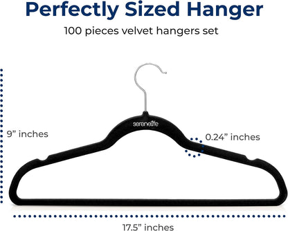 SereneLife Velvet Hangers 100 Pack - Slim Non-Slip Black Clothes Hangers with Chrome 360° Swivel Hook, Durable 10 lbs Capacity for Closet Organization