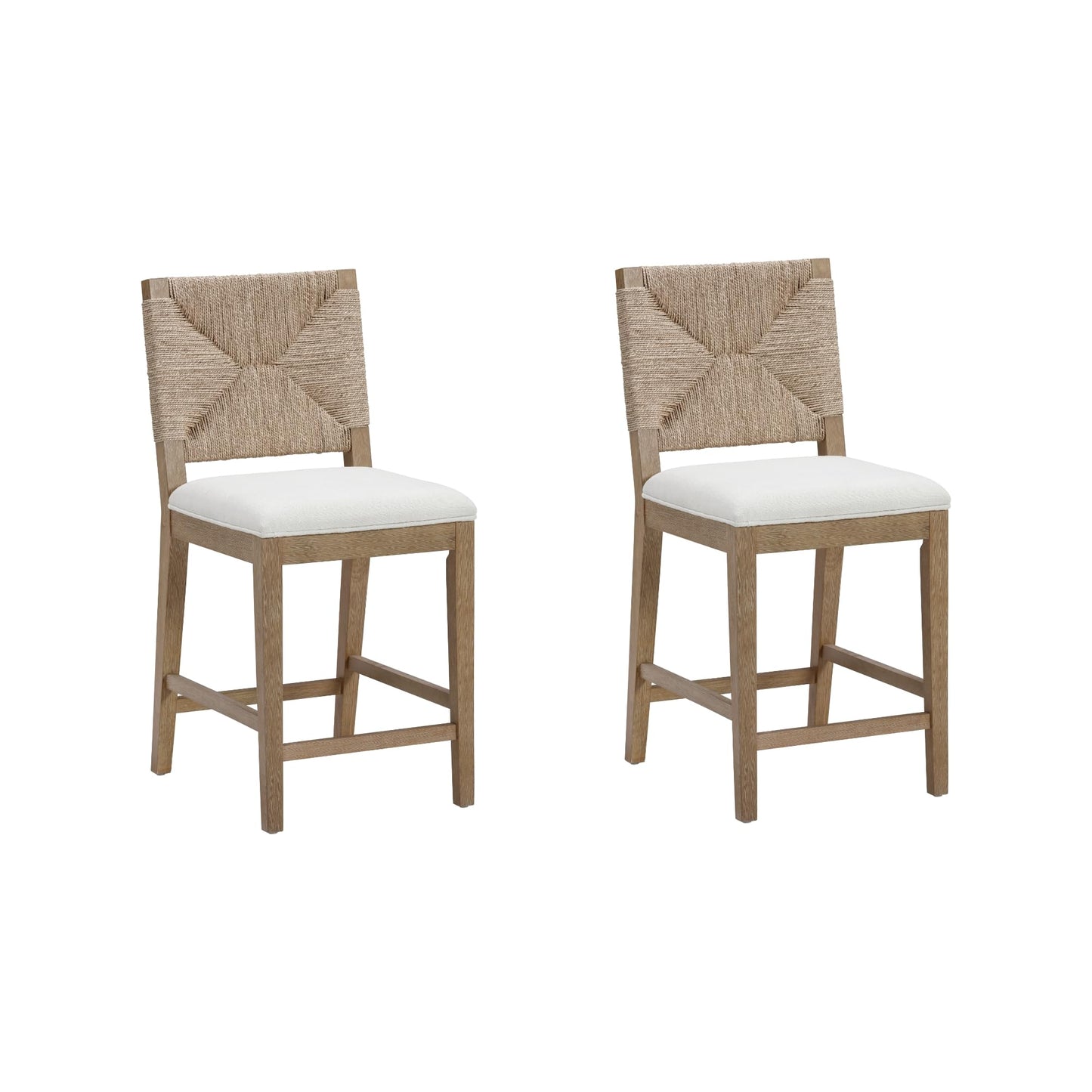 Nathan James Beacon Bohemian Boucle Bar Stool, Upholstered Counter Height Chair with Solid Wood Frame and Woven Seagrass Back for Kitchen Island, Light Brown/Seagrass/Cream Boucle, Set of 2