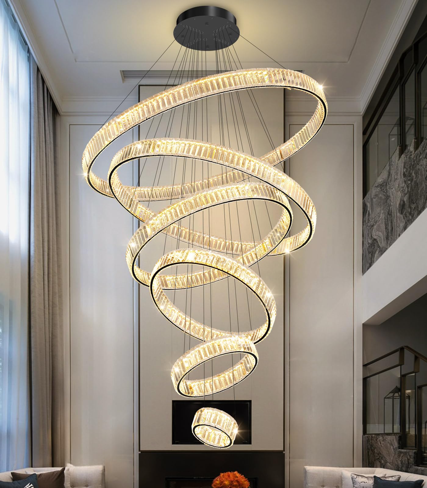 dolria Large Ring Chandelier Modern Crystal Chandeliers for High Ceiling Round LED Dimmable Ceiling Light Fixture for Foyer Long Stair Black 8''+16''+24''+32''+40''+47''