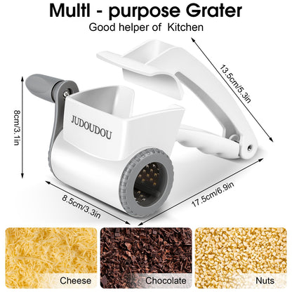 JUDOUDOU Cheese Grater Hand Crank - Classic Rotary Cheese Grater, Parmesan Cheese Shredder Handheld with 3 Stainless Steel Drums, Can be used for Hard Cheese, Chocolate and Nuts - Dishwasher Safe