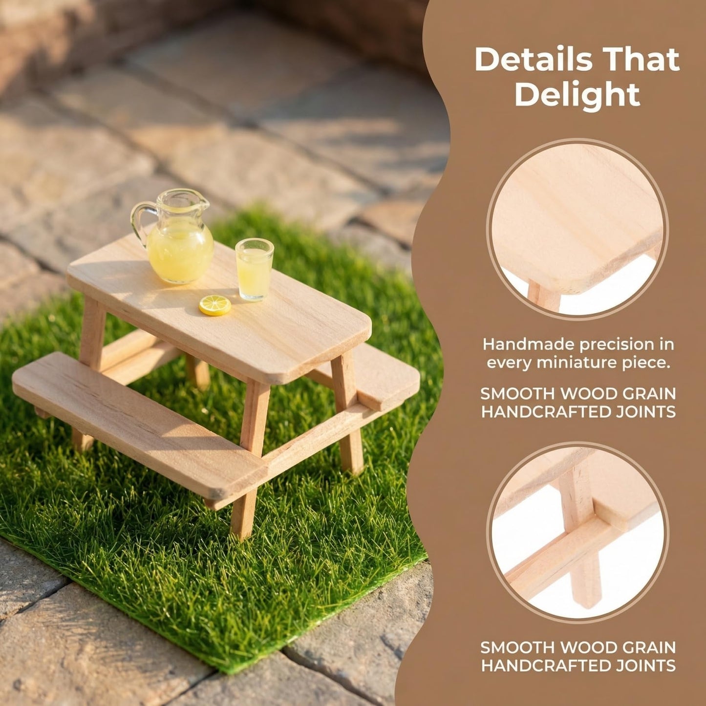 OATIPHO 1:12 Scale Mini Wooden Picnic Table, Unfinished Miniature Dollhouse Furniture Outdoor Accessories, Patio Desk Prop for Fairy Garden, DIY Crafts 3-4 Inch Figures
