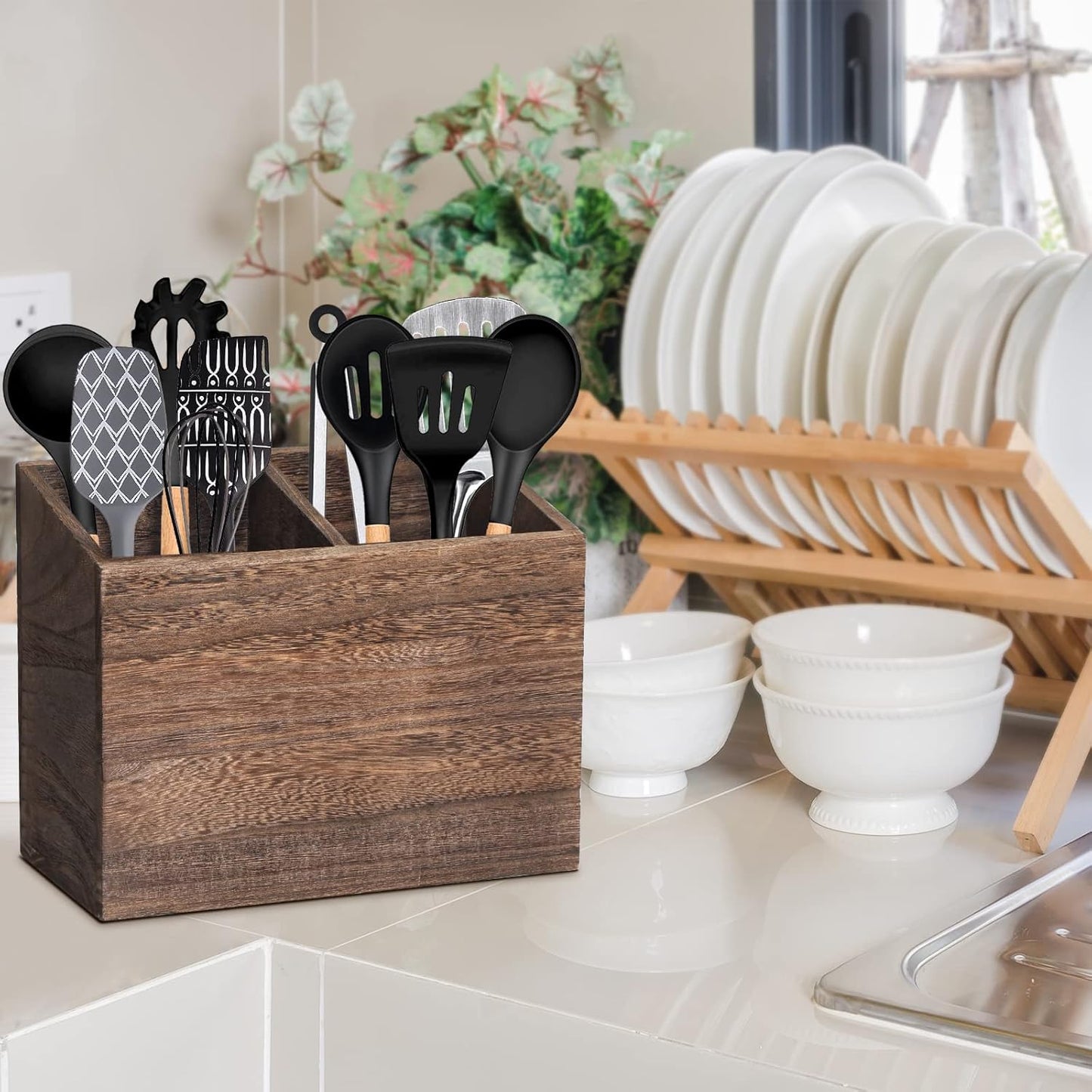 Wooden Kitchen Utensil Caddy with 2 Compartments, Rustic Holder for Kitchen Countertop, Wood Organizer Box