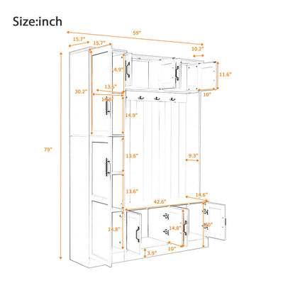 Amposei 79’’ Tall Hall Tree with Storage Bench & Coat Rack Modern Entryway Organizer Cabinet with Doors, Hooks & Adjustable Shelf for Hallway Living Room Furniture, White
