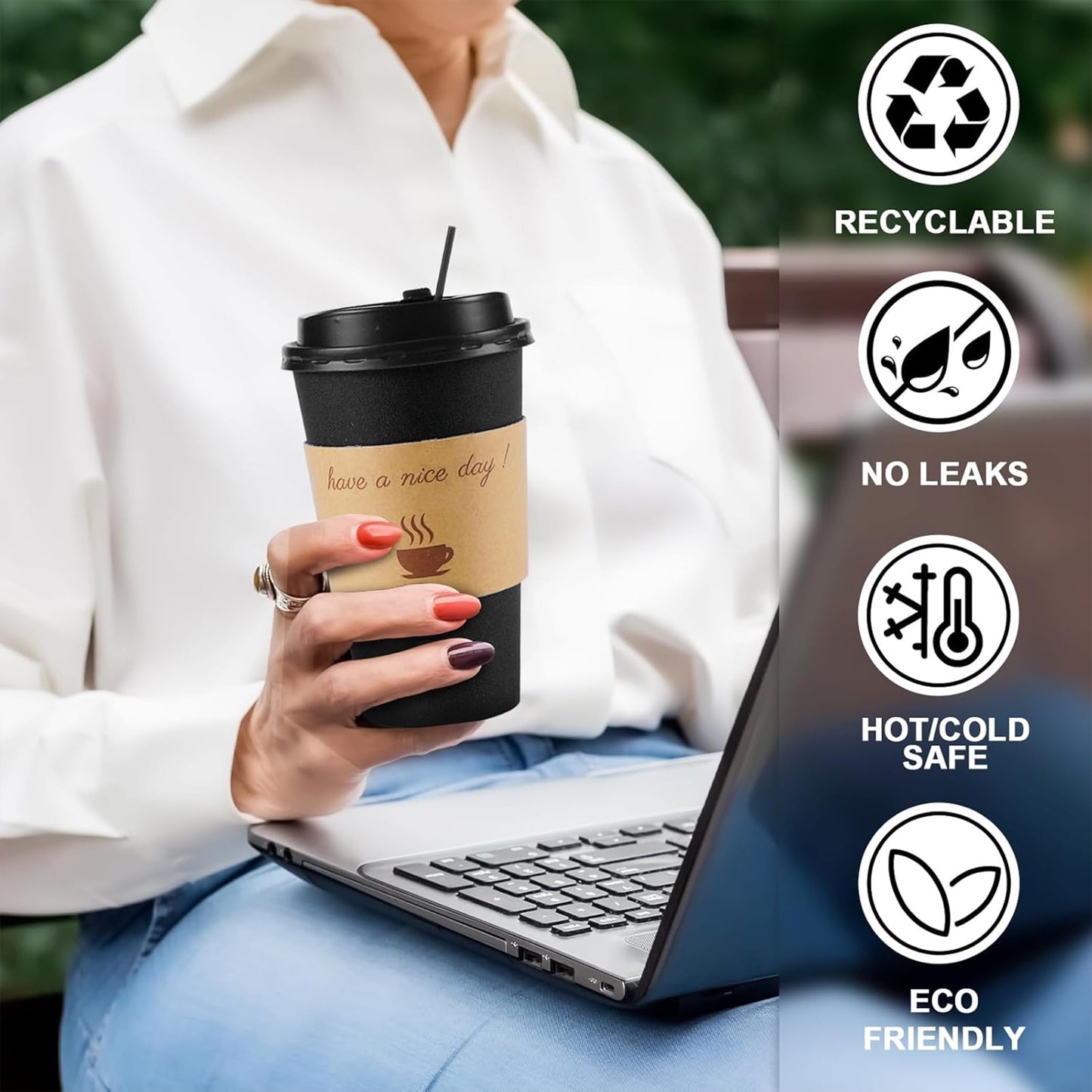 Clawsoff 100 Pack 16 oz Coffee Cups with Lids, Disposable To Go Paper Coffee Cups with Sleeves and Stirring Sticks for Hot/Cold Drinks Office Home Shop Event (Black)