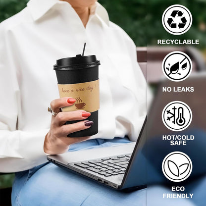 Clawsoff 100 Pack 16 oz Coffee Cups with Lids, Disposable To Go Paper Coffee Cups with Sleeves and Stirring Sticks for Hot/Cold Drinks Office Home Shop Event (Black)