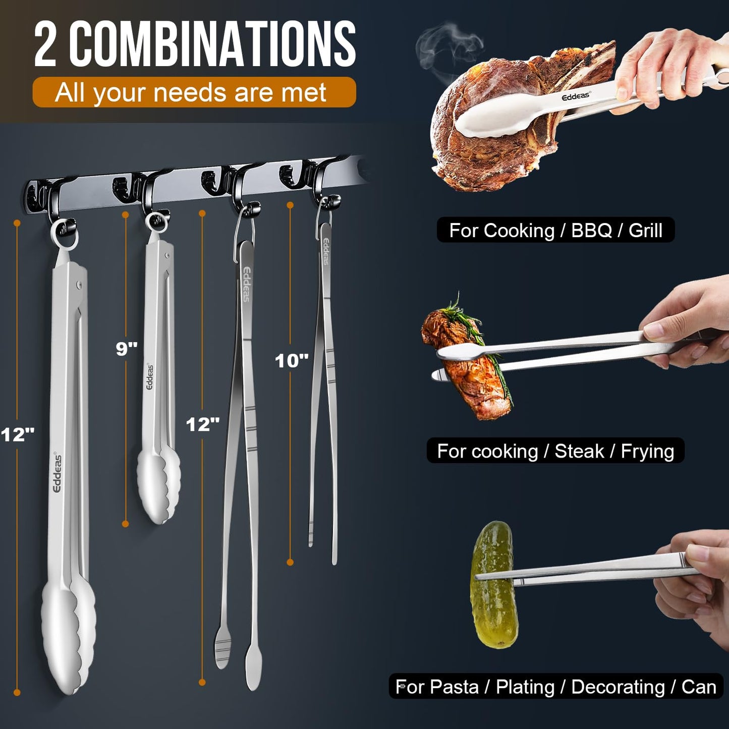 Eddeas Tongs For Cooking - Heat Resistant 600 Degrees, All Metal Kitchen Tweezers Tongs, Heavy Duty Stainless Steel Cooking for Food, Grill, BBQ, Dishwasher safe Set of 4 (12" & 9in)