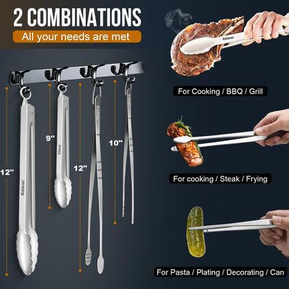 Eddeas Tongs For Cooking - Heat Resistant 600 Degrees, All Metal Kitchen Tweezers Tongs, Heavy Duty Stainless Steel Cooking for Food, Grill, BBQ, Dishwasher safe Set of 4 (12" & 9in)
