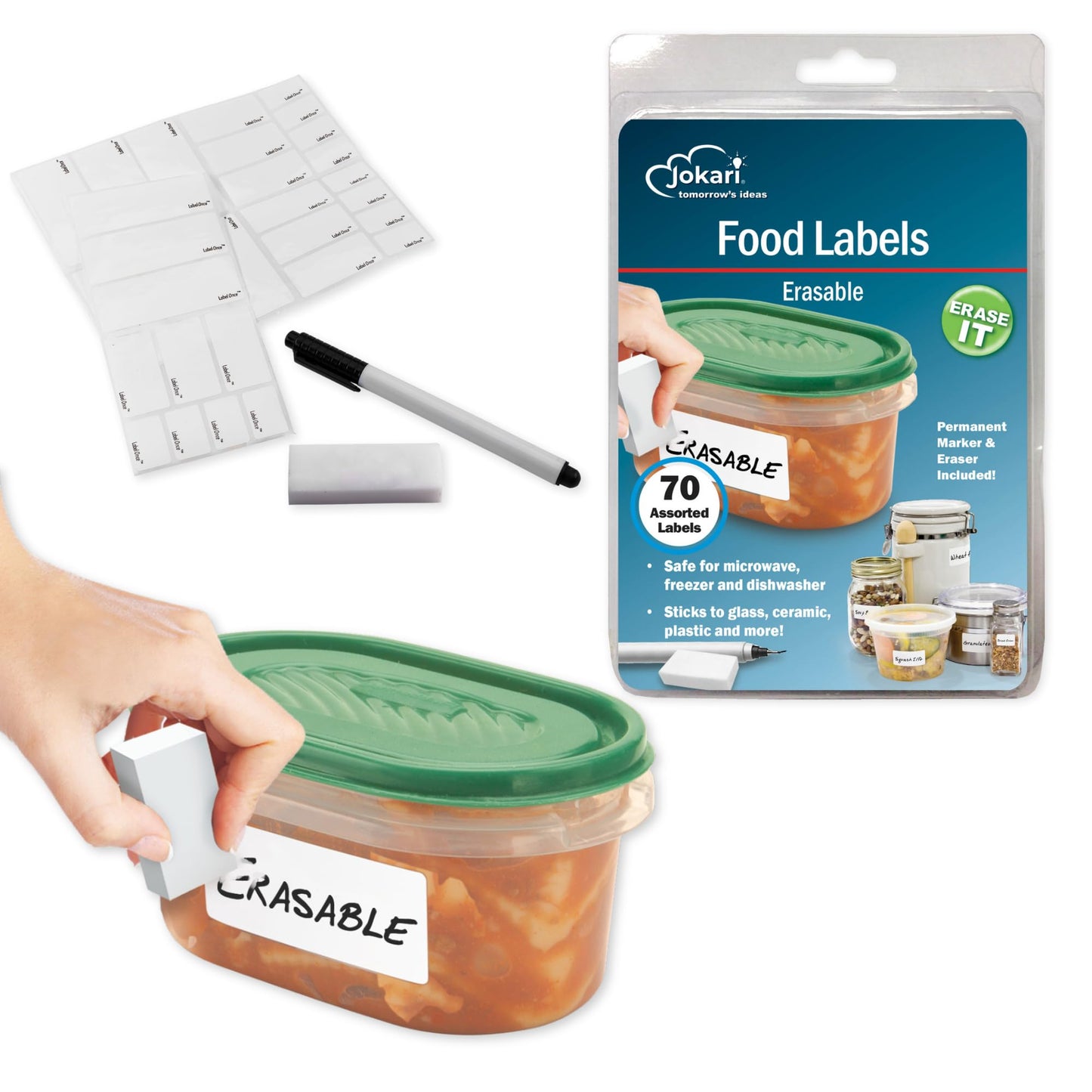 Jokari Label Once Erasable Food Labels with Marker and Eraser Reusable Removable Adhesive Labels for Kitchen Storage Freezer Dishwasher and Microwave Safe 70 Pack