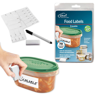 Jokari Label Once Erasable Food Labels with Marker and Eraser Reusable Removable Adhesive Labels for Kitchen Storage Freezer Dishwasher and Microwave Safe 70 Pack