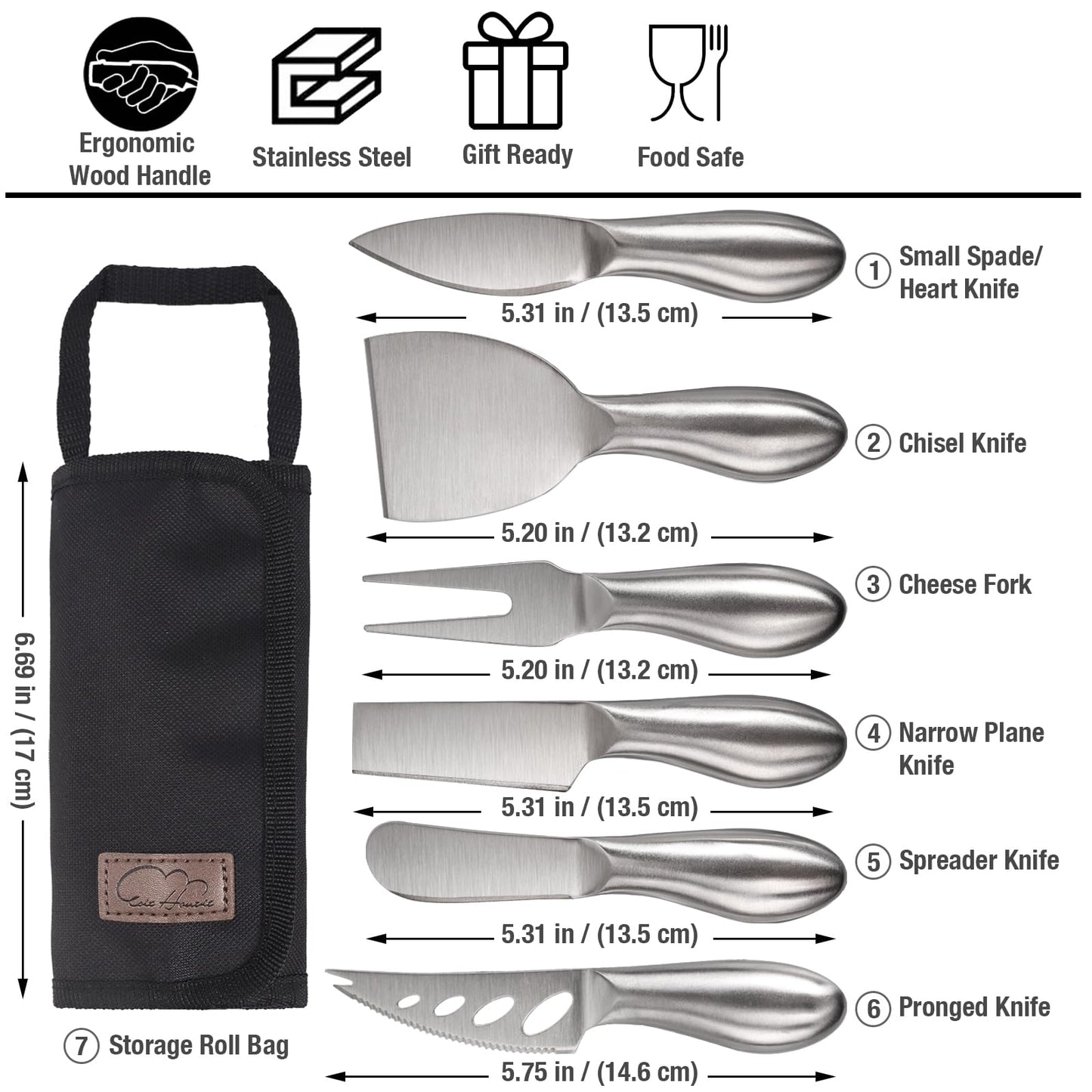 6-Piece Cheese Knife Set, Premium Stainless Steel Cheese Knives for Charcuterie Board for Cutting Hard Medium Soft Cheese, Mini Metal Cheese Cutter Knife Butter Knife with Storage Bag Gift Set