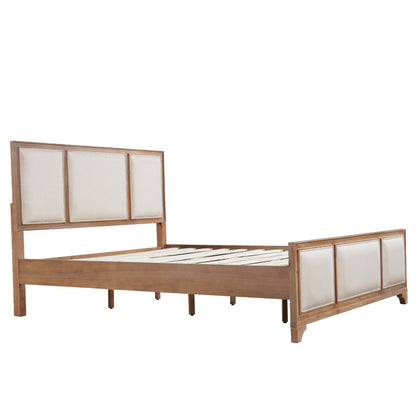 Queen Size Wooden Bed Frame with Upholstered Headboard, Natural Wood & Beige Fabric, Solid Wood Platform, Modern Farmhouse Style
