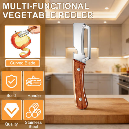 2 Pcs Multi-Functional Vegetable Peeler for Kitchen, Premium Vegetable Peeler with Wooden Handle and Bottle Opener, Stainless Steel Blade Kitchen Tool for Fruit Apple Potato Pumpkin Papaya Carrot