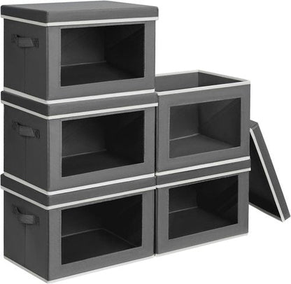 Homsorout Stackable Storage Bins - Medium Foldable Closet Organizers with Lids, 5-Pack, Dark Grey